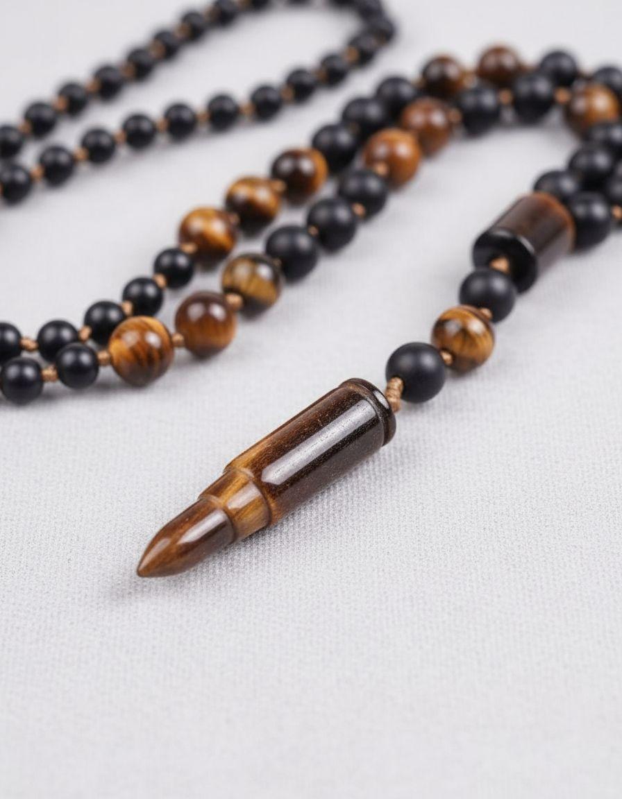 Collar De Bala Piedra Ojo De Tigre Y Onix Hombre Mujer-2