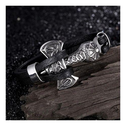 Pulsera De Cuero 100% Hombre Caballero Hacha Vikinga-2