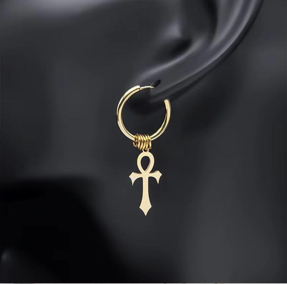 Aros Punk Cruz Egipcia Black Gold Silver Hombre Mujer-2