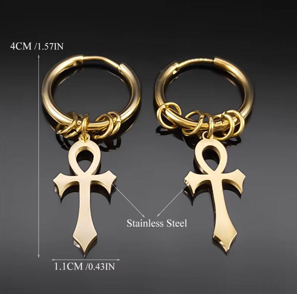 Aros Punk Cruz Egipcia Black Gold Silver Hombre Mujer-5