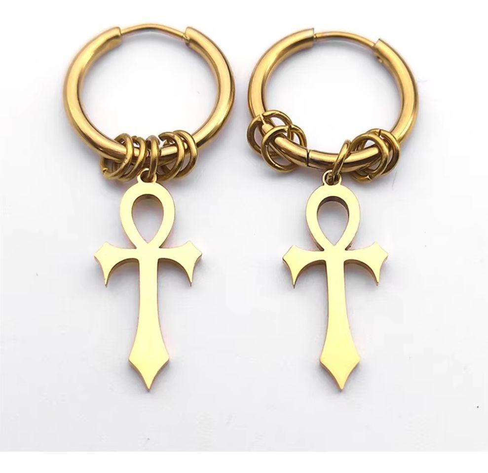 Aros Punk Cruz Egipcia Black Gold Silver Hombre Mujer-8