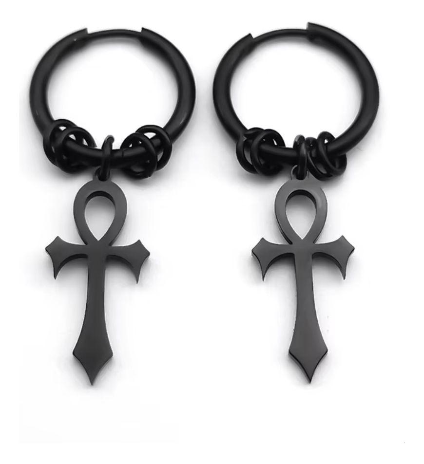 Aros Punk Cruz Egipcia Black Gold Silver Hombre Mujer-0
