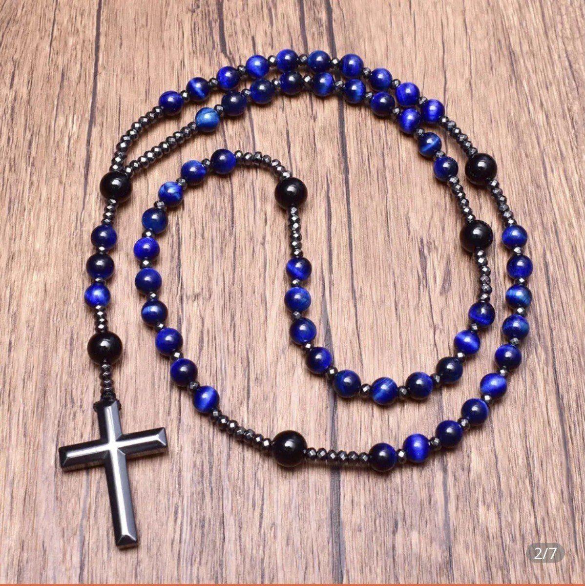 Collar De Cruz Piedra Ojo De Tigre Azul Hematita 2022-1