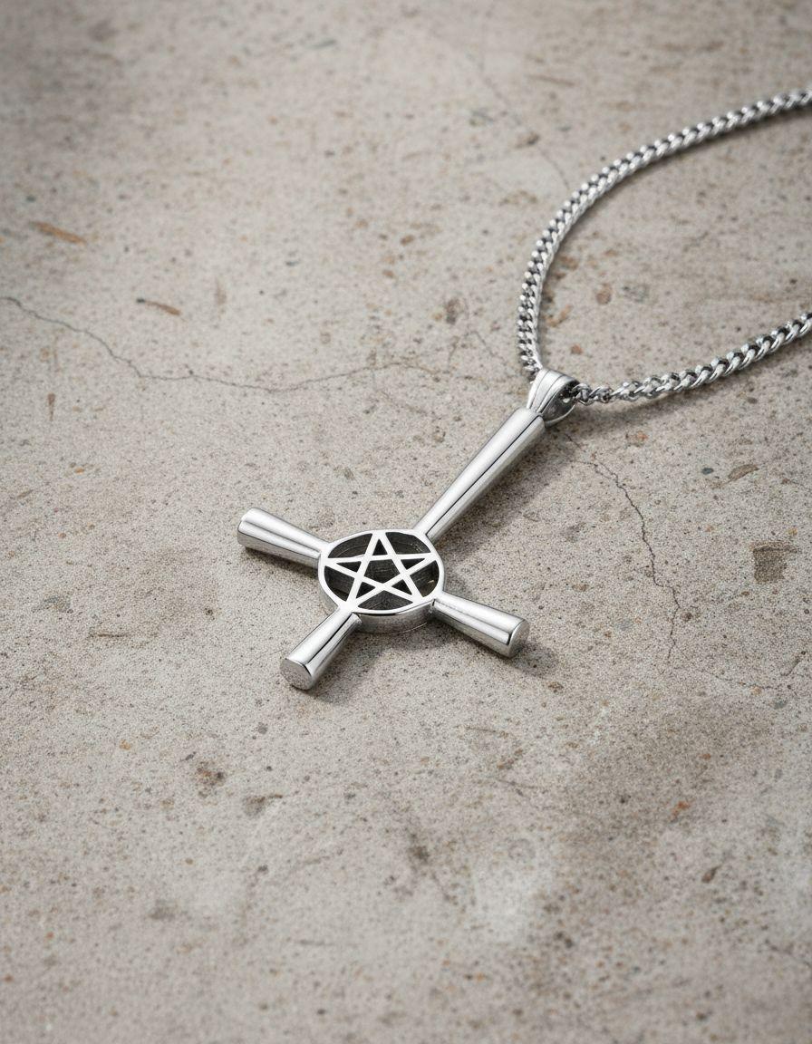 Collar De Cruz Invertida Estrella Hombre Mujer-4