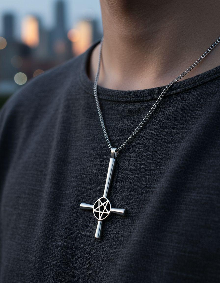 Collar De Cruz Invertida Estrella Hombre Mujer-5