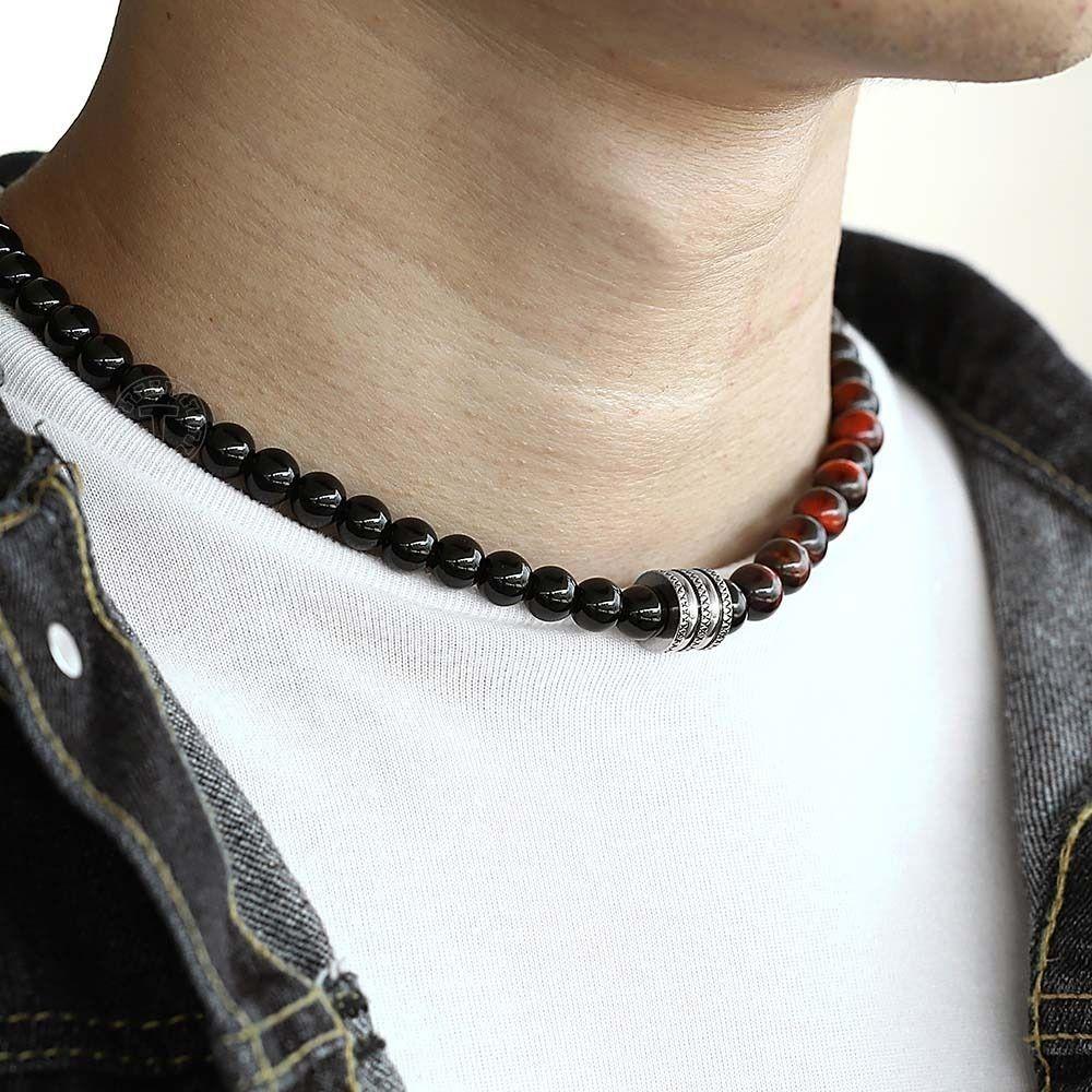 Collar Piedra Onix Y Ojo De Tigre Rojo Hombre Moda Vintage-1