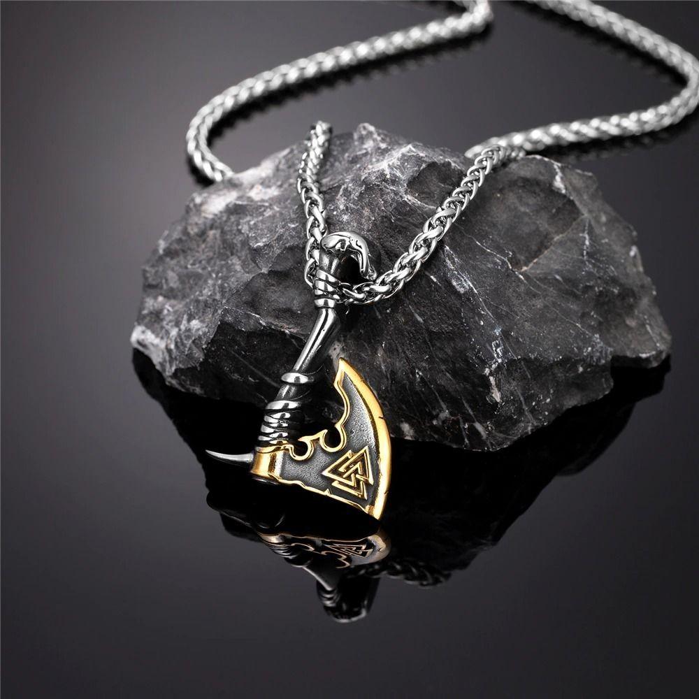 Collar Vikingo Titanio Hacha Nordica Silver Gold-2
