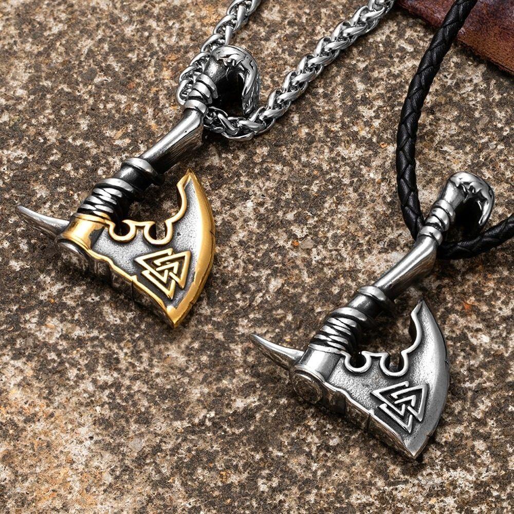 Collar Vikingo Titanio Hacha Nordica Silver Gold-4