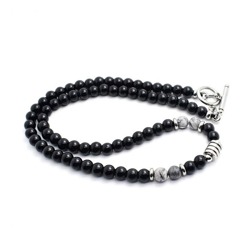 Collar Piedra Gris Y Onix 6mm Hombre Moda 2022 M1-0