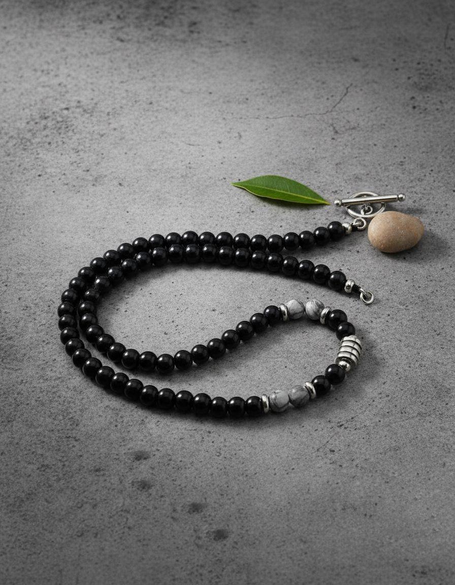 Collar Piedra Gris Y Onix 6mm Hombre Moda 2022 M1-1