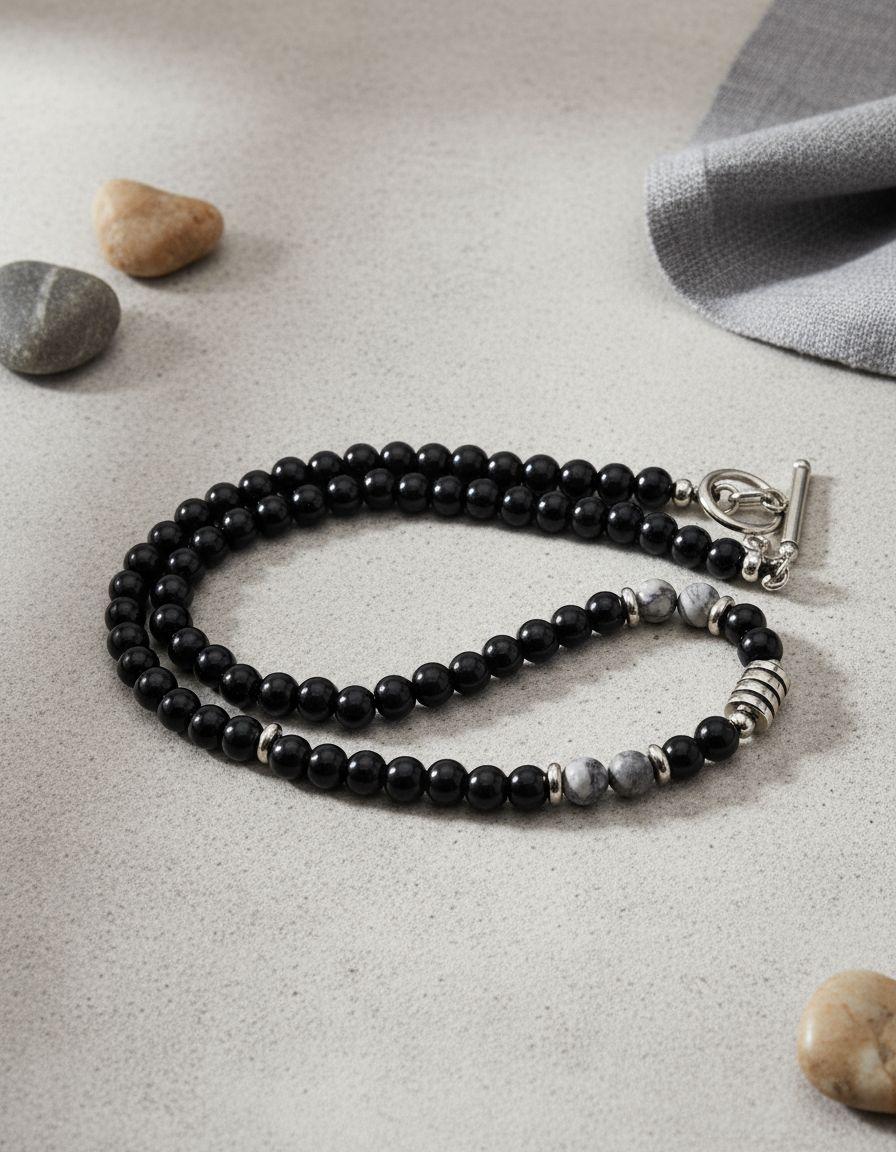 Collar Piedra Gris Y Onix 6mm Hombre Moda 2022 M1-2