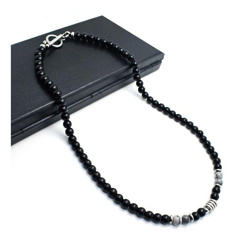 Collar Piedra Gris Y Onix 6mm Hombre Moda 2022 M1-3