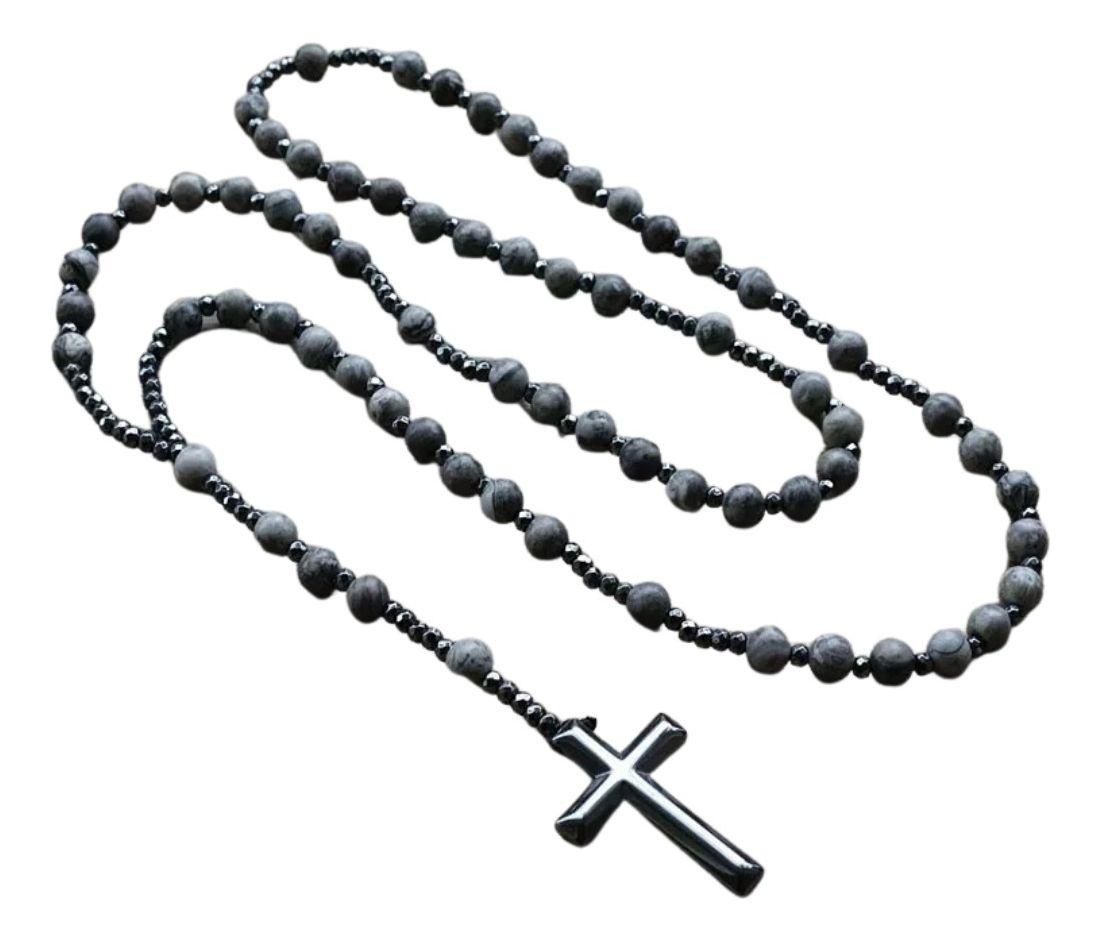 Collar De Cruz Caballero Piedra Gris Y Hematita 2021-0