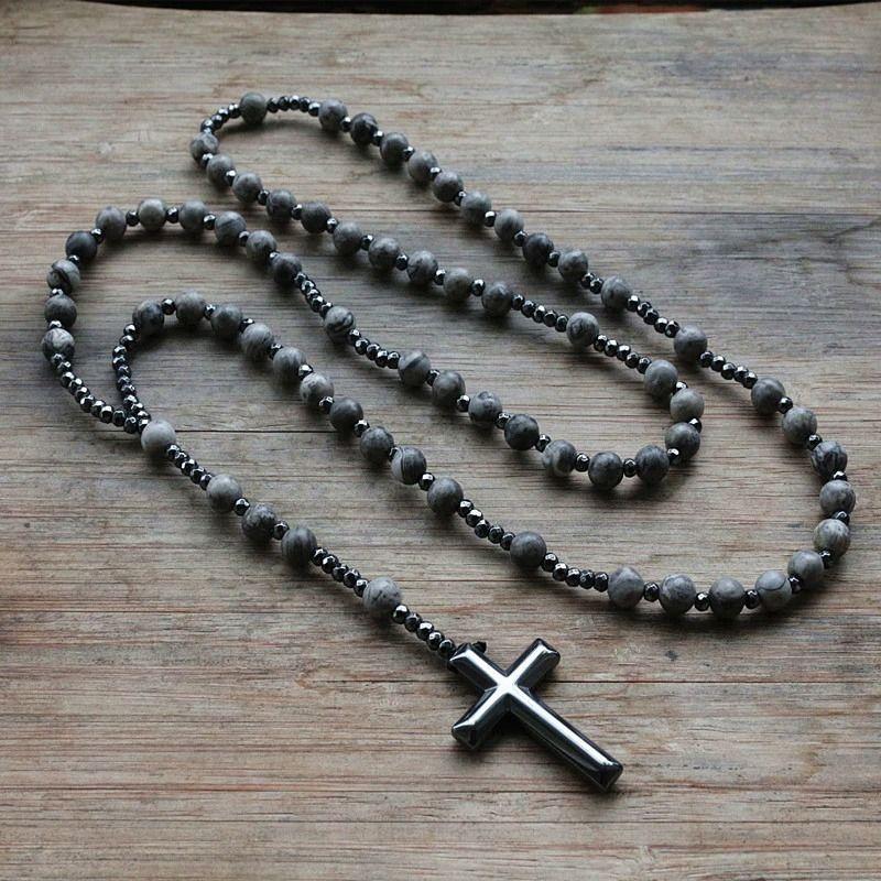 Collar De Cruz Caballero Piedra Gris Y Hematita 2021-1