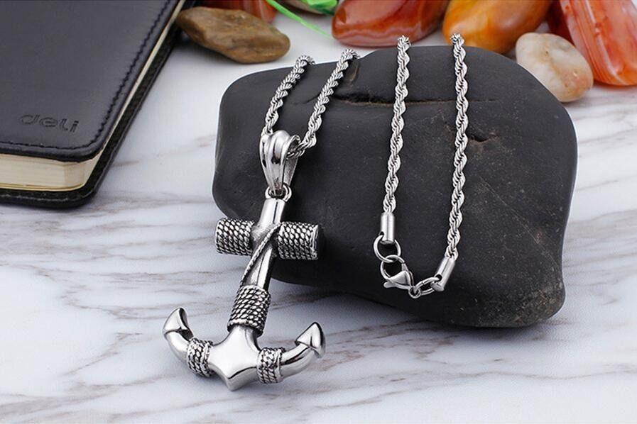 Collar Ancla Silver Titanio Hombre Man Moda Masculina-5