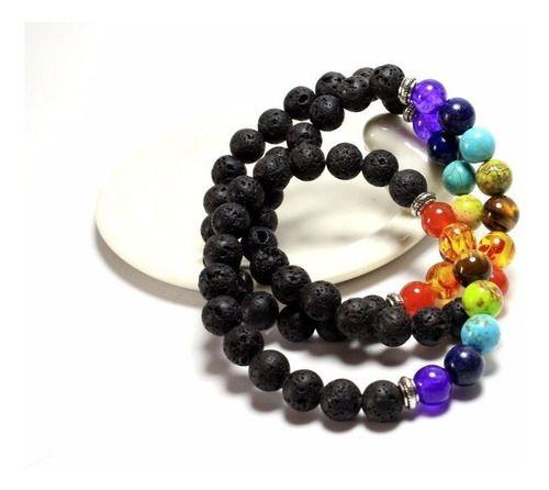 Pulsera De Hombre Y Mujer Piedra Volcanica 7 Chakras-3