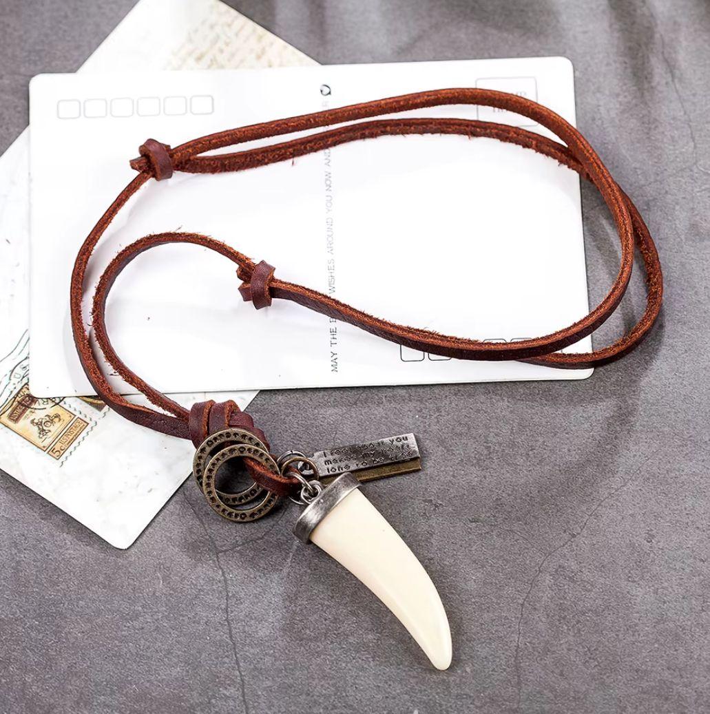 Collar De Cuero Diente Blanco Hombre Mujer Moda-2