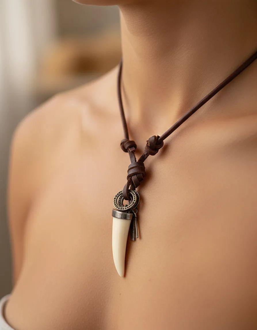 Collar De Cuero Diente Blanco Hombre Mujer Moda-4