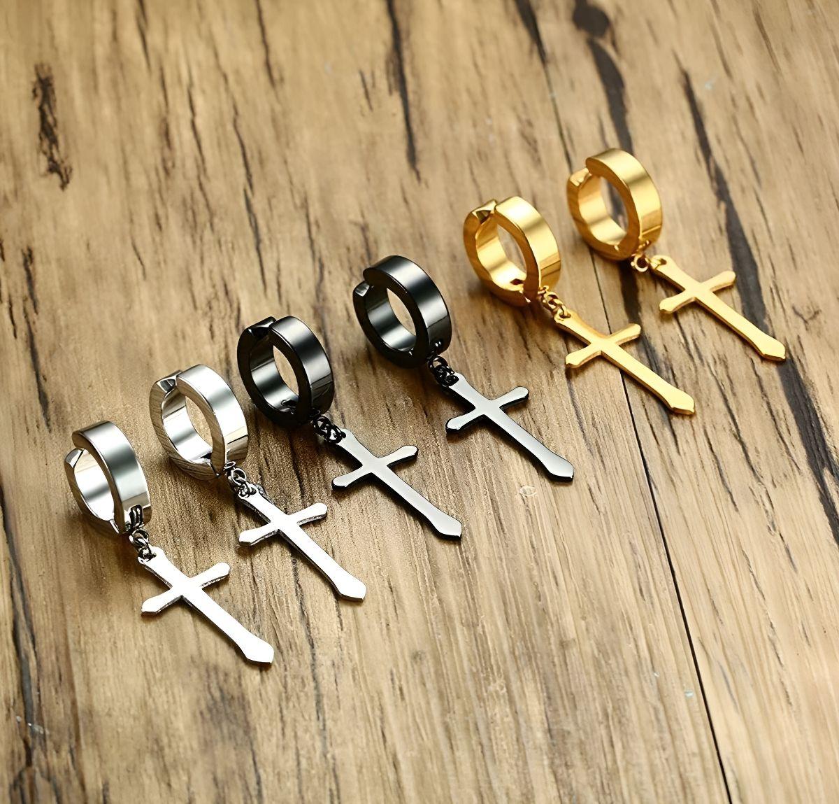 Aros Punk A Presion Cruz Gold Hombre Mujer Moda 2019-3