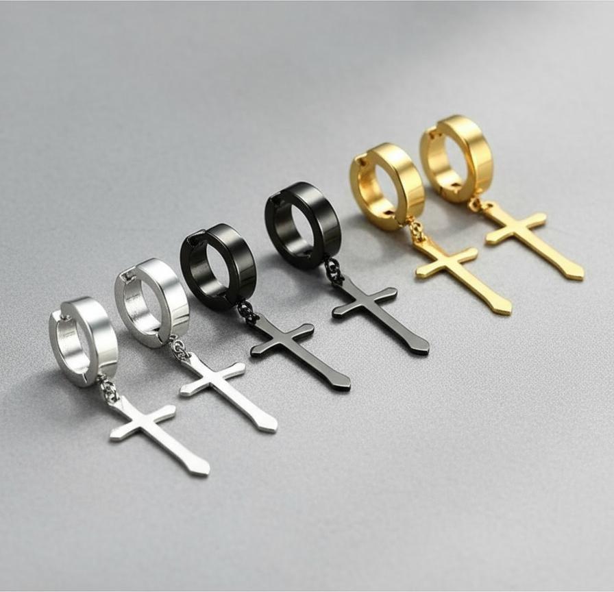 Aros Punk A Presion Cruz Gold Hombre Mujer Moda 2019-4