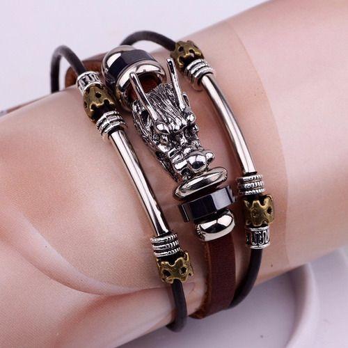 Pulsera De Caballero De Cuero Dragon Elegante Y Juvenil-2