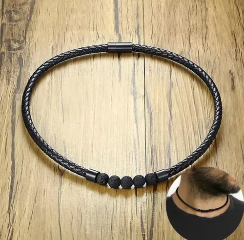 Collar De Cuero Piedra Volcanica Hombre Caballero Moda-2