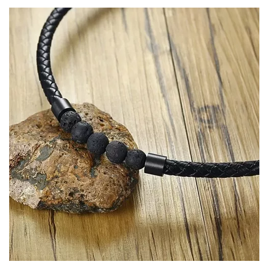 Collar De Cuero Piedra Volcanica Hombre Caballero Moda-4