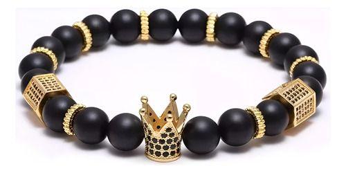 Pulsera De Hombre Caballero Corona Dorada Piedra Onix Mate-3