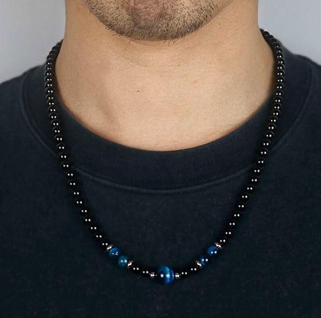 Collar Piedra Onix Y Ojo De Tigre Blue Hombre Moda 2025-4