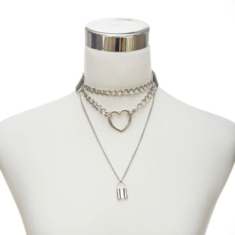 Collar Gargantilla De Cuero Gótica Corazón Y Candado Mujer-2