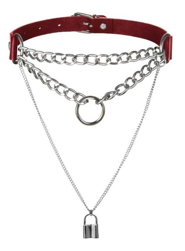 Collar Gargantilla De Cuero Gótica Corazón Y Candado Mujer-3