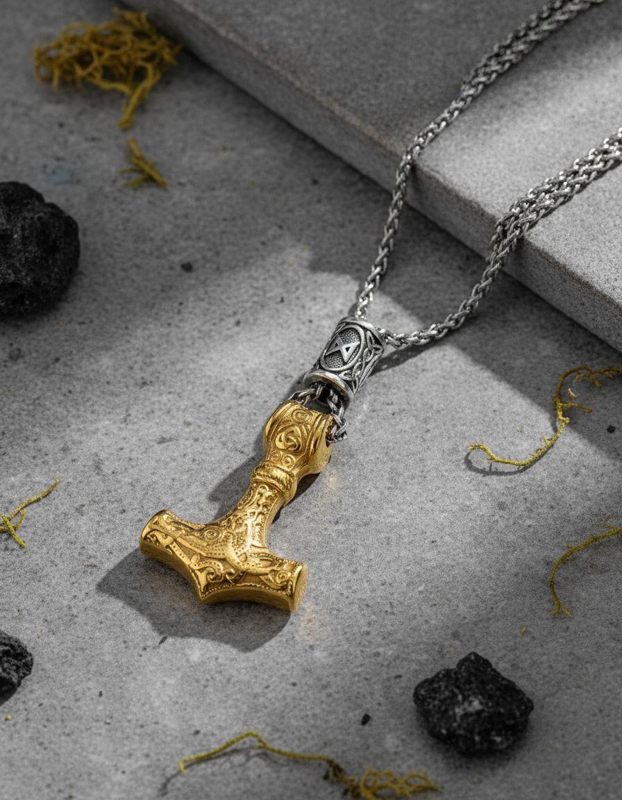 Collar Vikingo Martillo Gold Thor Nordico Runas Hombre L-2