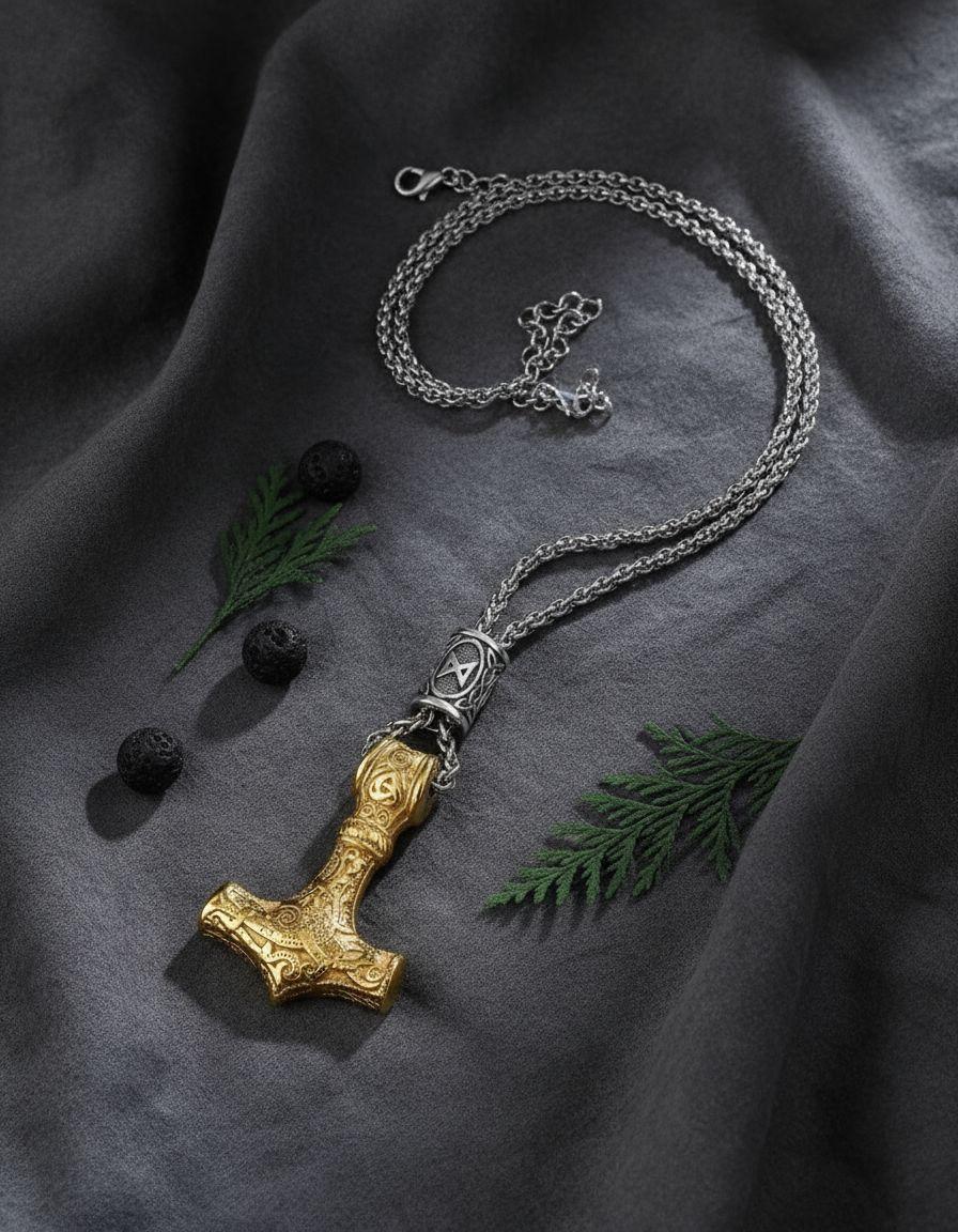 Collar Vikingo Martillo Gold Thor Nordico Runas Hombre L-3