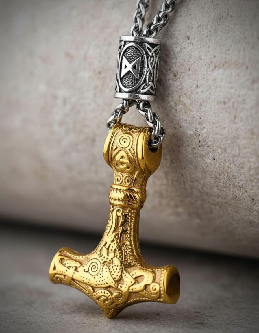 Collar Vikingo Martillo Gold Thor Nordico Runas Hombre L-5