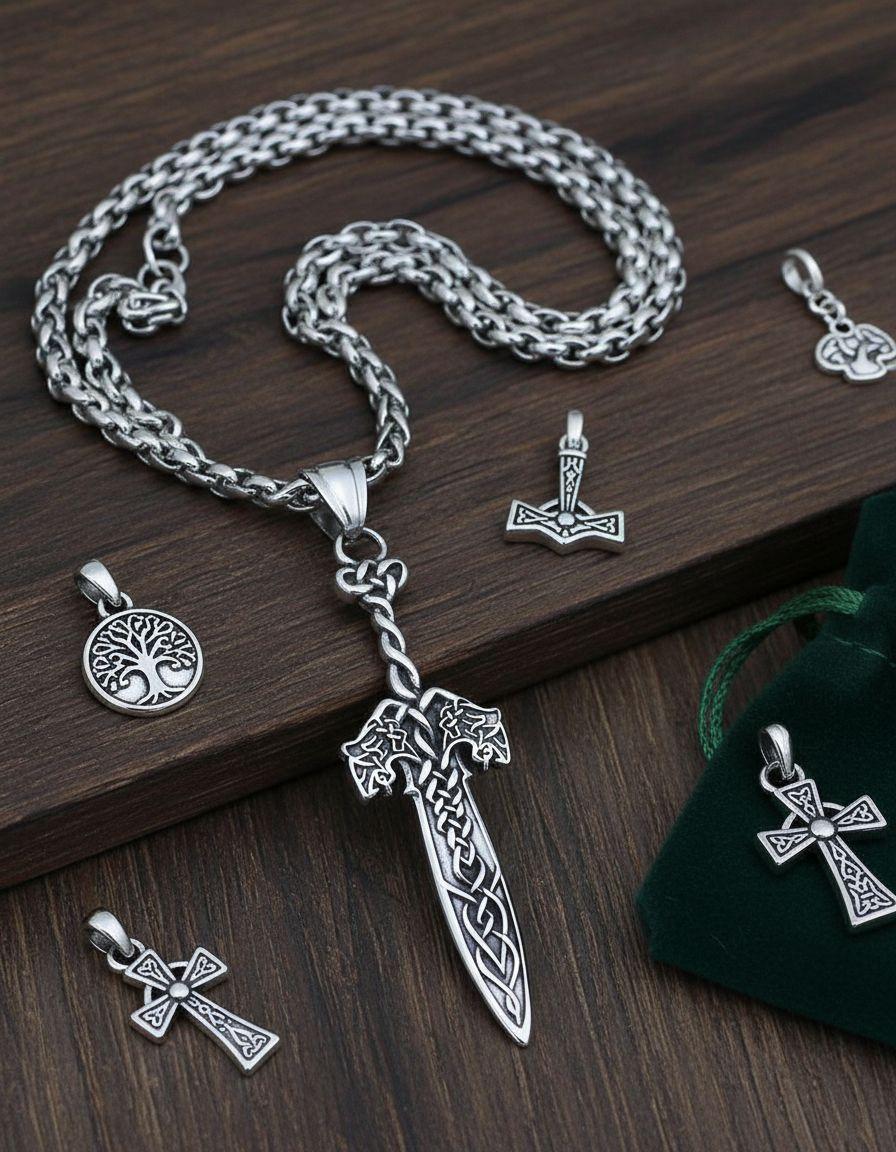 Collar Vikingo Espada Nordica Silver Space Hombre Mujer-2