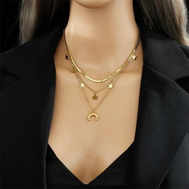 Collar Triple Luna Estrellas Para Damas Parejas Moda-1