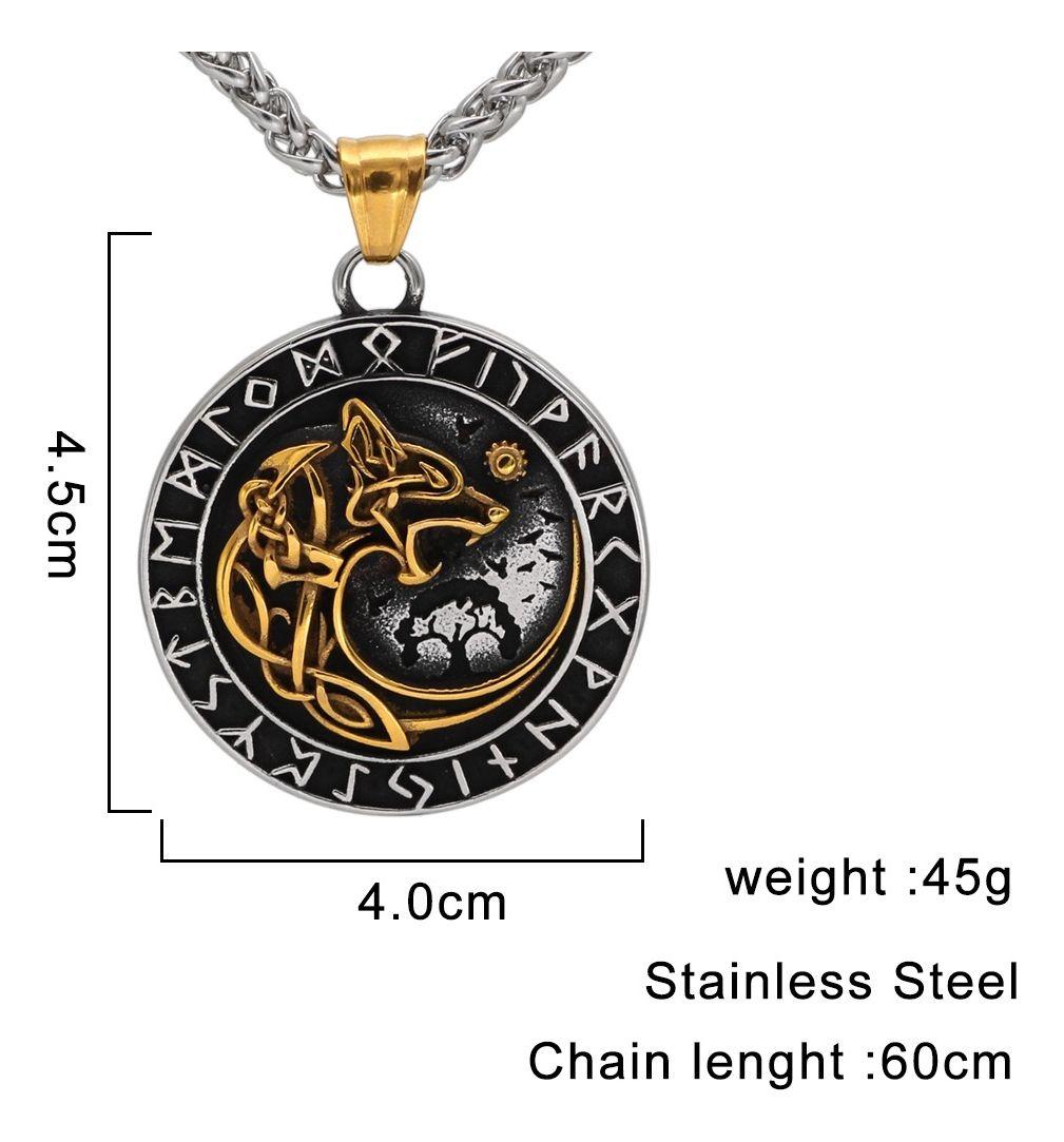 Collar Vikingo Runas Vegvisir Moon Lobo Hombre Moda 2024-4