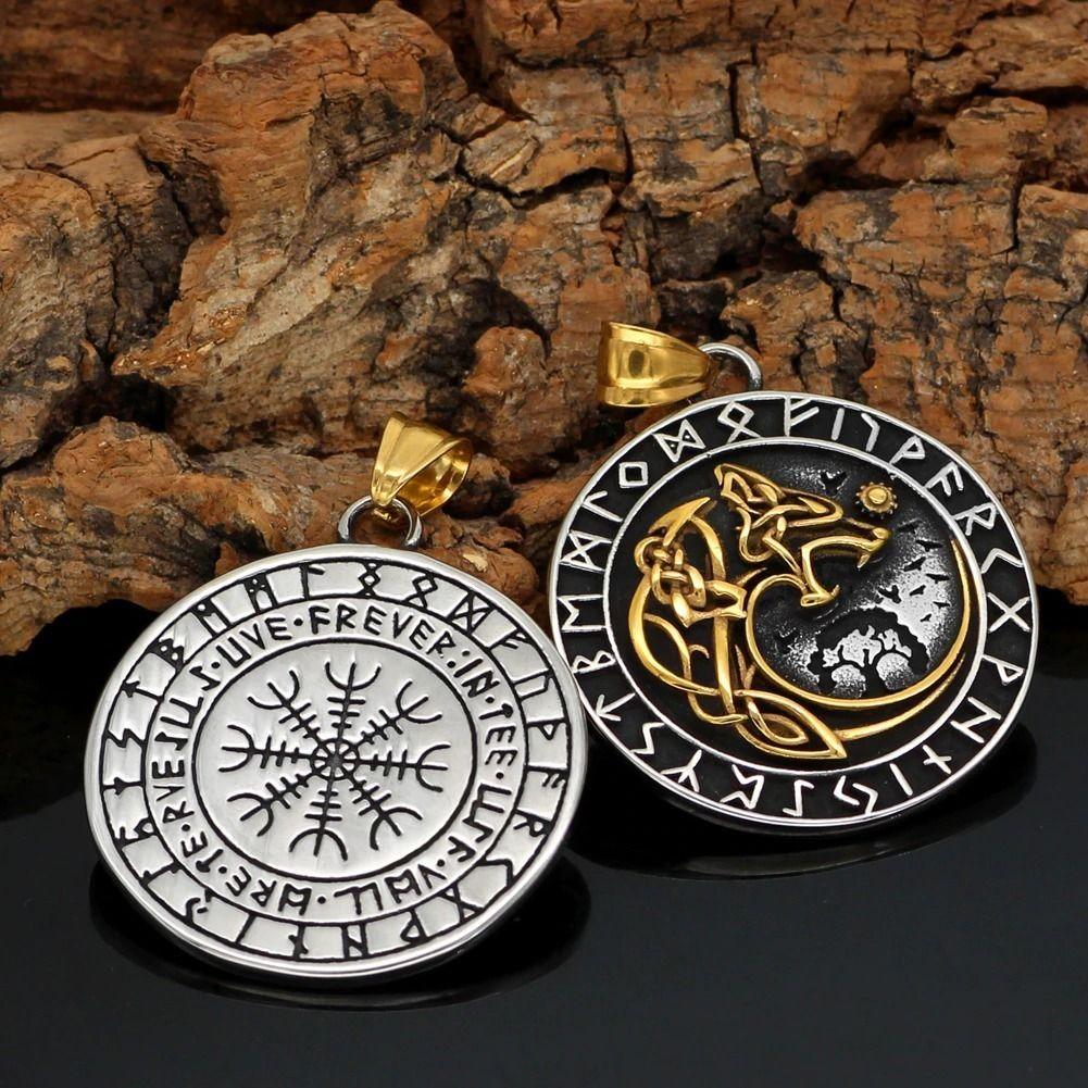 Collar Vikingo Runas Vegvisir Moon Lobo Hombre Moda 2024-5