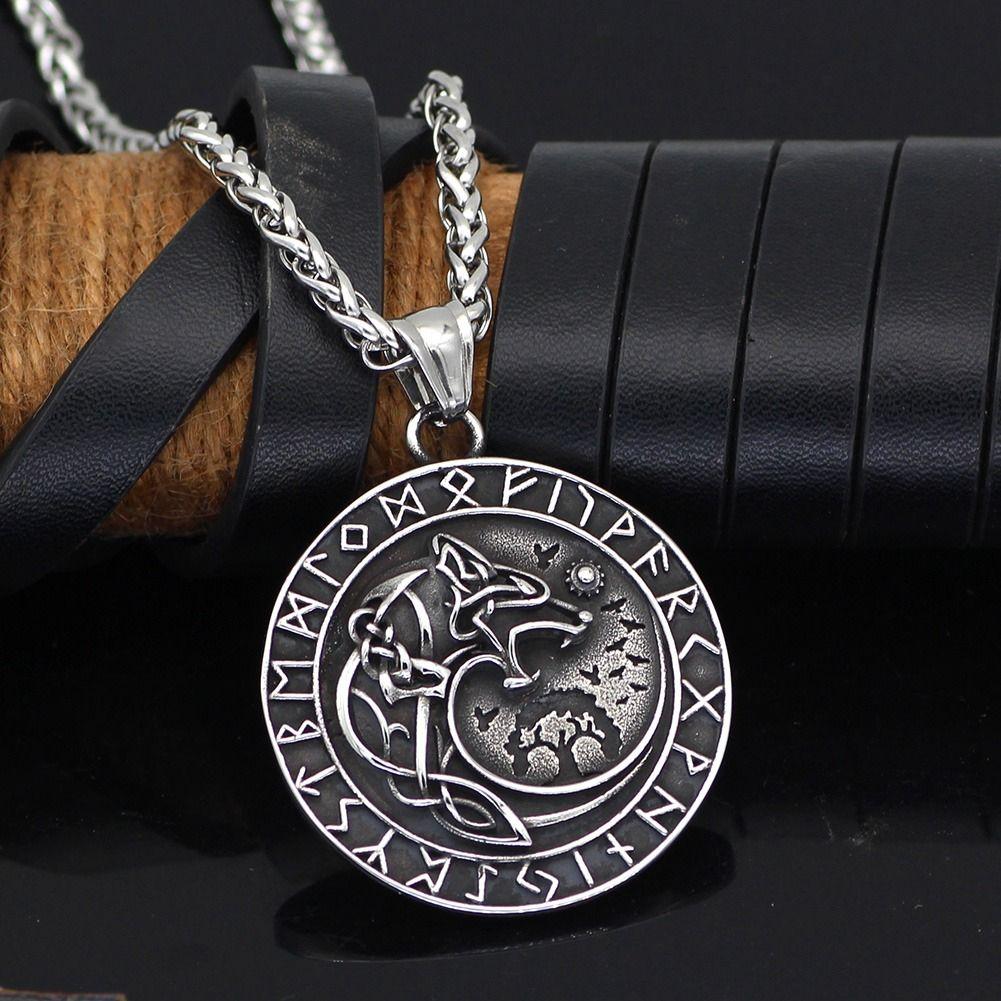Collar Vikingo Runas Vegvisir Moon Lobo Hombre Moda 2024-6