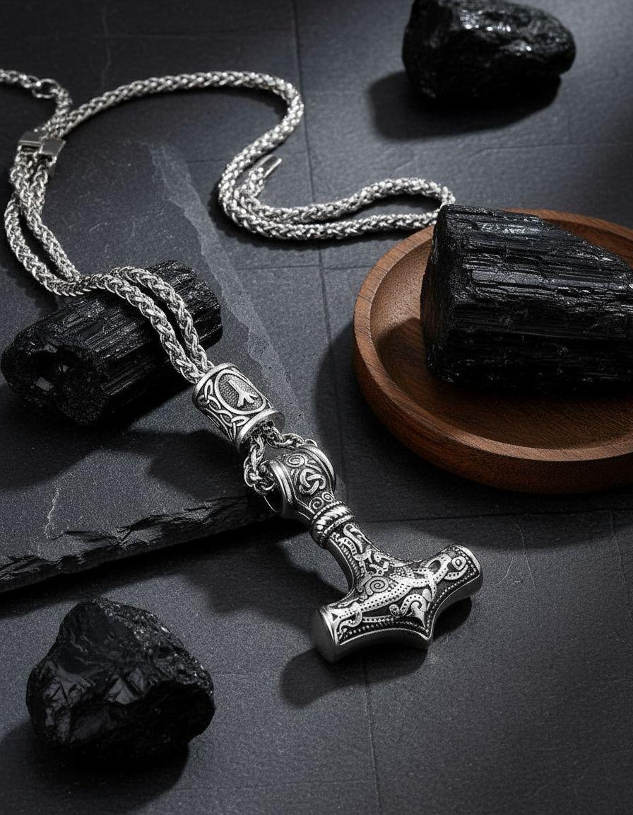 Collar Vikingo Martillo Thor Nordico Runas Hombre Mz-2