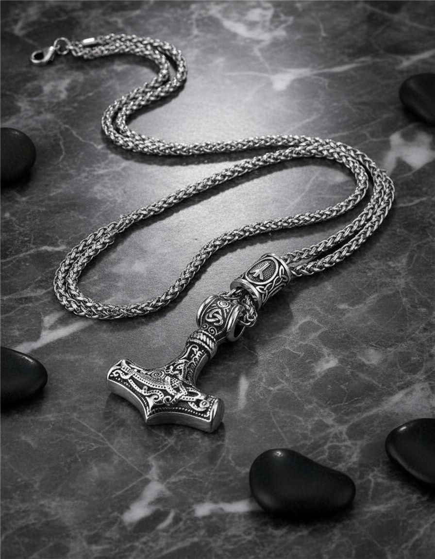 Collar Vikingo Martillo Thor Nordico Runas Hombre Mz-3