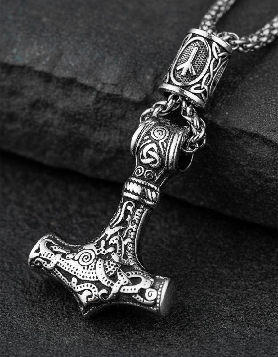 Collar Vikingo Martillo Thor Nordico Runas Hombre Mz-4