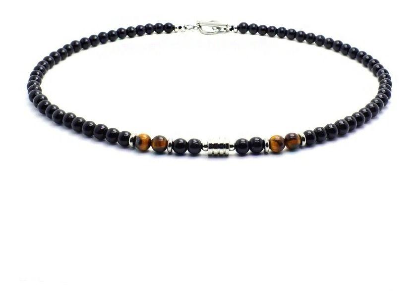 Collar Piedra Onix Y Ojo De Tigre 6mm Hombre Moda M1-0