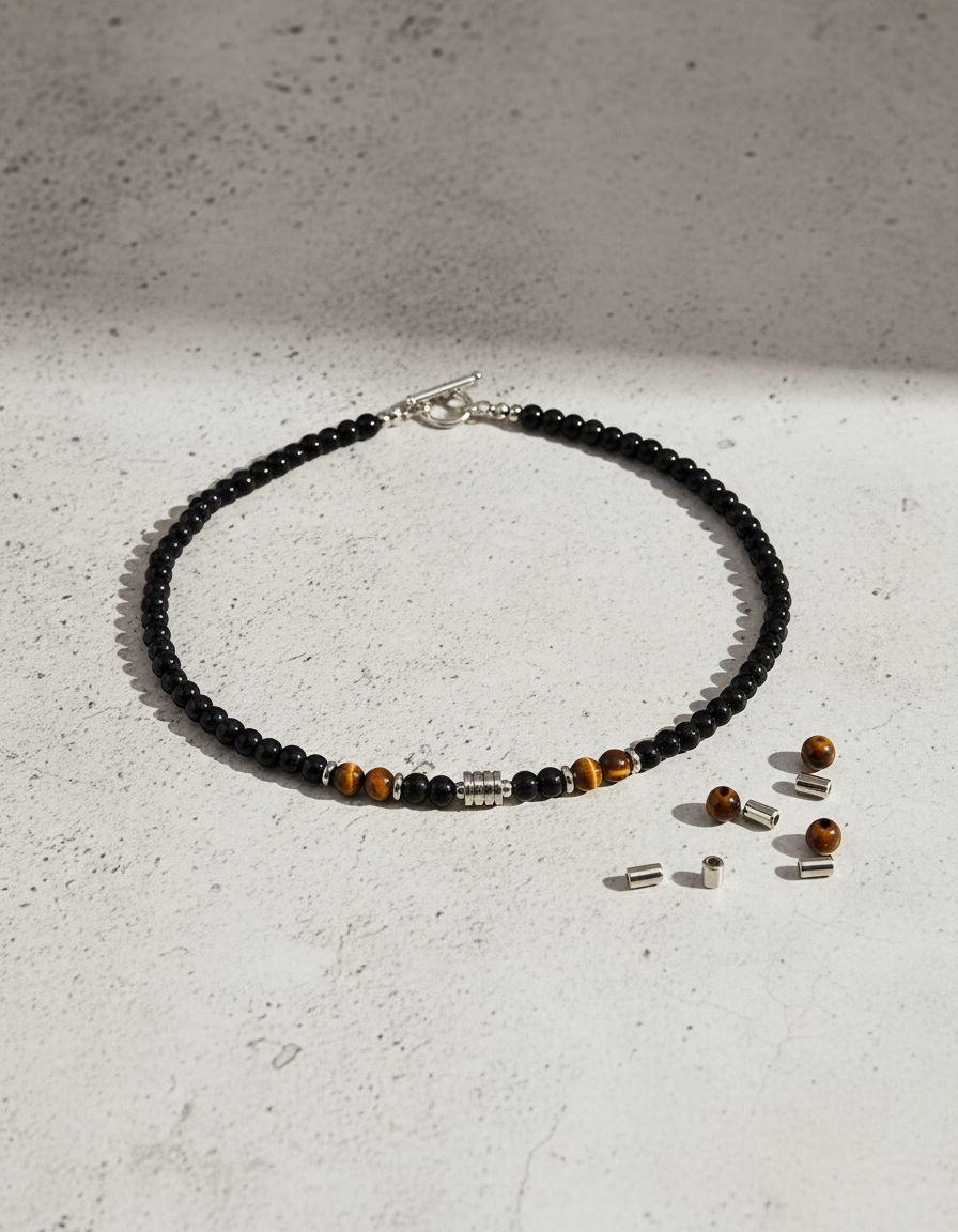 Collar Piedra Onix Y Ojo De Tigre 6mm Hombre Moda M1-1