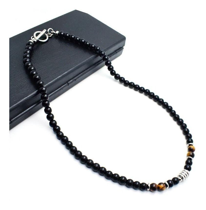 Collar Piedra Onix Y Ojo De Tigre 6mm Hombre Moda M1-3
