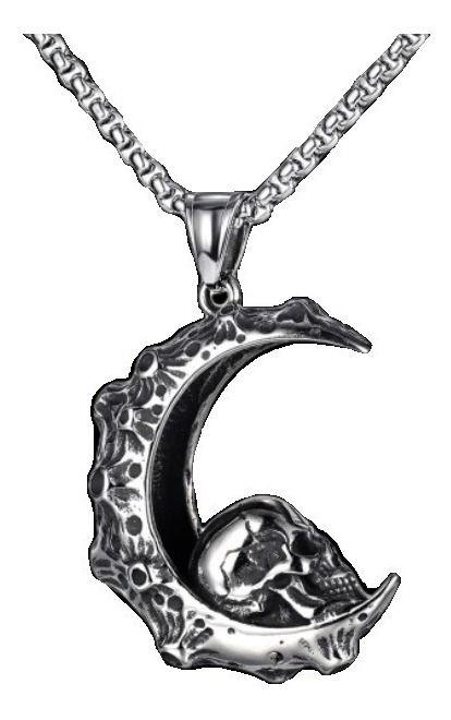 Collar Acero Calavera Luna Silver Hombre Mujer-0
