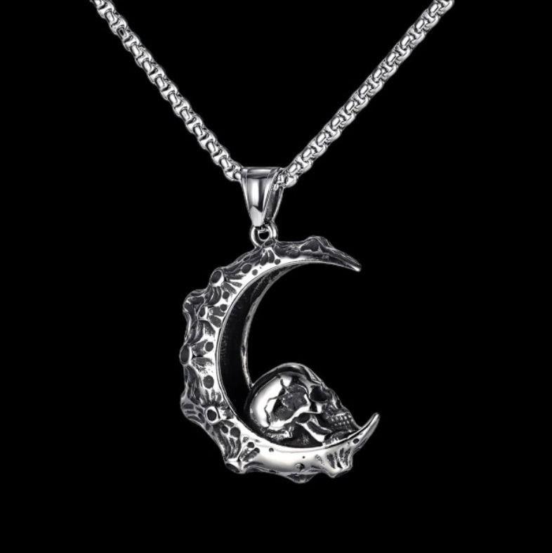 Collar Acero Calavera Luna Silver Hombre Mujer-1