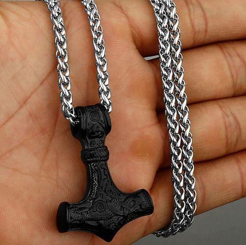 Collar Vikingo Lobo Y Martillo Nordico Titanio Black Silver-2