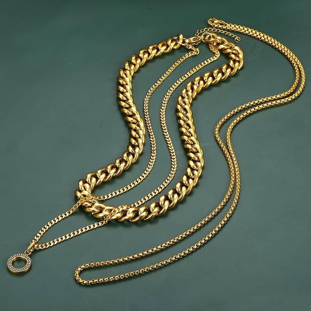 Collar Triple Con Dige Gold Acero Quirúrgico Hombre-2