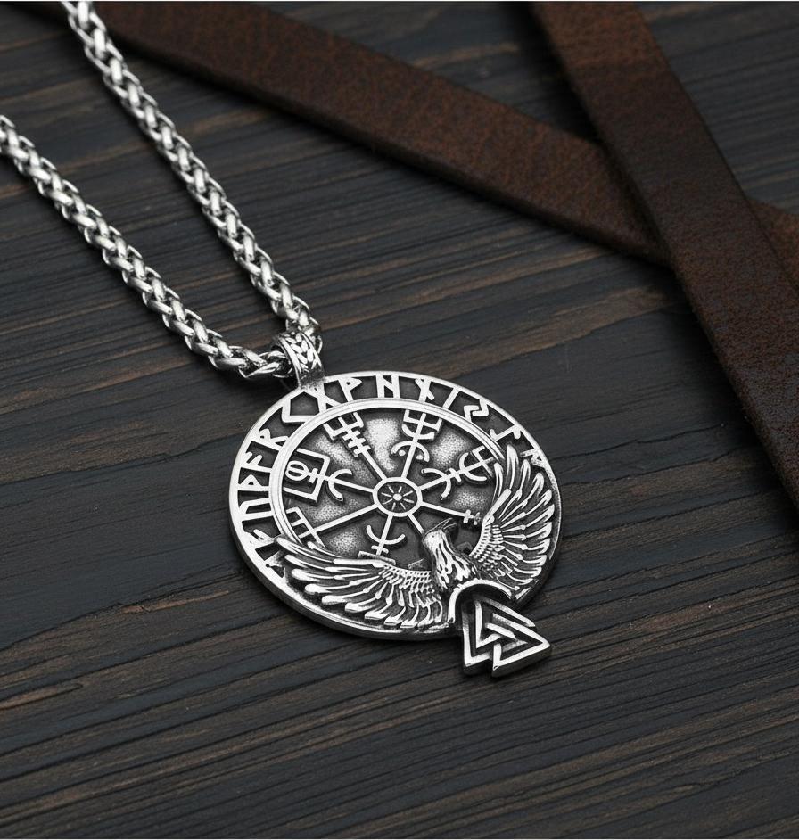 Collar Vikingo Valknut Vegvisir Cuervo Brujula-2